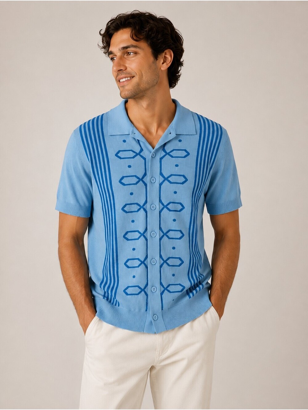 OXKnit Men’s 70s Retro Knit Button-Front Polo Blue Geometric Short Sleeve S